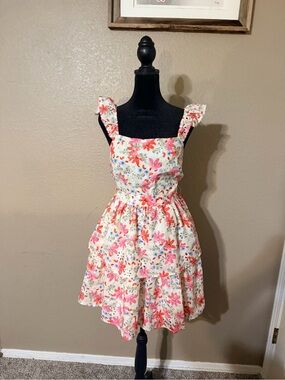 Lush White Floral Ruffle-Strap Tiered Dress with Pink & Coral Blooms